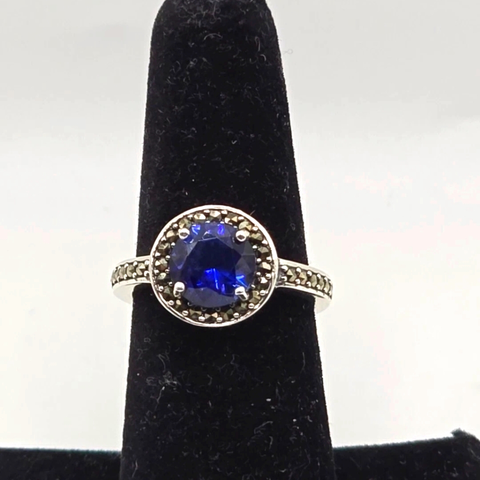 925 Sterling Silver Created Sapphire Marcasite Ring Sz 6.75